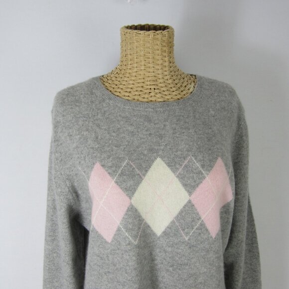 Vtg Lord & Taylor Women XL Gray Pink Argyle 2ply Cashmere LS Pullover Sweater - Picture 4 of 9